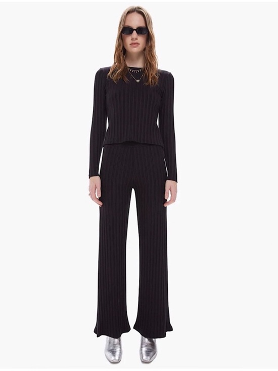 MOTHER Pants - Mother The Quickie Roller Hover High Rise Wide Rib Knit Flared Pant Black Medium